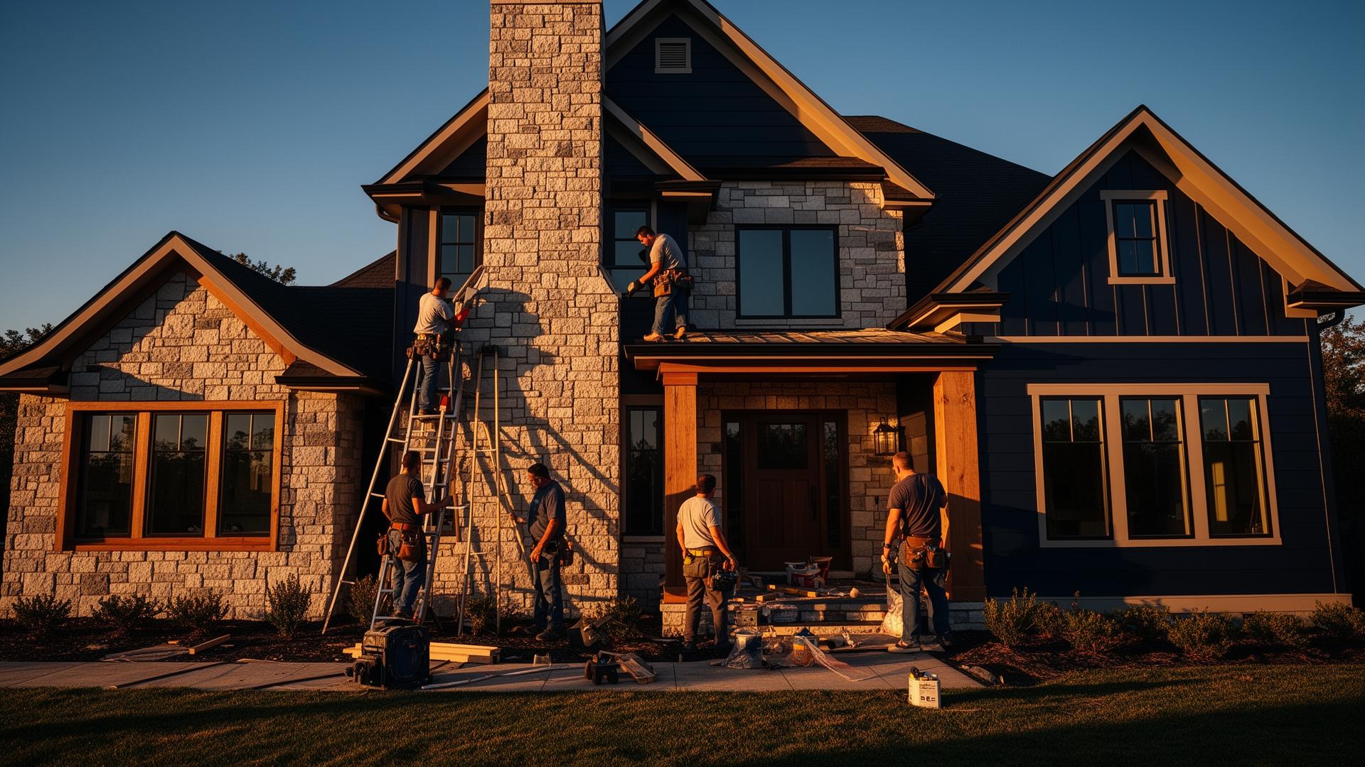 nhomeimprovement crew working on a stone-and-navy home exterior at golden hour